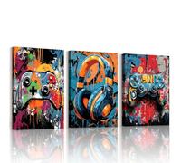 WENGTIAO Set of 3 Gaming Graffiti Canvas Wall Art Prints Framed, Colorful Cool Gaming Video Gamepad Pictures on Canvas for Men Teen Boys Room Bedroom Wall Decor 40x60cmx3