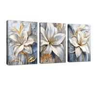 WENGTIAO Set of 3 Gray White Gold Lilies Flowers Canvas Wall Art Prints Framed Pictures Nordic Minimalist Abstract Floral Painting on Canvas Living Room Bedroom Home Wall Decor 40x60cm x3