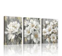 WENGTIAO Set of 3 Grey White and Gold Flowers Canvas Wall Art Framed Pictures, Vintage Abstract Floral Painting on Canvas for Modern Living Room Bedroom Wall Decor 30x40cmx3