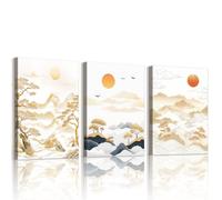 WENGTIAO Set of 3 Sunset Mountain Canvas Wall Art Prints Framed Pictures Chinese Style Abstract Pine Tree Clouds Nature Landscape Painting on Canvas for Living Room Bedroom Home Wall Decor 30x40cmx3