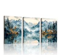 WENGTIAO Set of 3 Watercolor Mountain Lake Canvas Wall Art Prints Framed Pictures Nature Forest Tree Misty Foggy Mountain Painting on Canvas Living Room Bedroom Home Wall Decor Ready to Hang 30x40cmx3