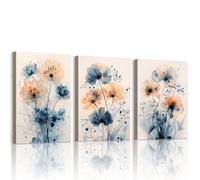 WENGTIAO Set of 3 Watercolour Blue Floral Canvas Wall Art Prints Framed Pictures Modern Abstract Blue Orange Flowers Painting on Canvas for Living Room Bedroom Home Wall Decor 40x60cmx3