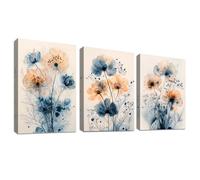 WENGTIAO Set of 3 Watercolour Blue Floral Canvas Wall Art Prints Framed Pictures Modern Abstract Blue Orange Flowers Painting on Canvas for Living Room Bedroom Home Wall Decor 30x40cmx3
