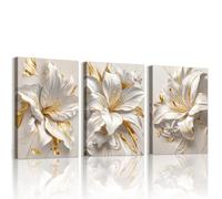 WENGTIAO Set of 3 White Gold Lilies Flowers Canvas Wall Art Prints Framed Pictures Minimalist Abstract Beige Floral Painting on Canvas Living Room Bedroom Home Wall Decor 30x40cmx3