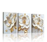 WENGTIAO Set of 3 White Gold Peony Flowers Canvas Wall Art Prints Framed Pictures Minimalist Abstract Beige Floral Painting on Canvas Living Room Bedroom Home Decor Ready to Hang 40x60cmx3