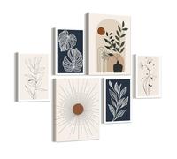 WENGTIAO Set of 6 Boho Botanical Canvas Wall Art Framed, Minimalist Neutral Plant Canvas Prints Painting, Abstract Leaf Pictures for Living Room Bedroom Home Wall Decor