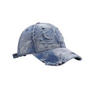 WENH Distressed Denim Baseball Cap for Men Streetwear Cotton Soft Top Cap Ripped Faded(Blue)
