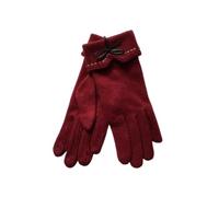WENH Fashion Elegant Female Wool Knit Gloves Winter Women Keep Warm Cashmere Full Finger Leather Bow Dotted Gloves(A Wine Red)