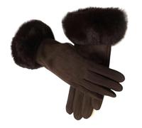 WENH Female Faux Rabit Fur Suede Leather Touch Screen Driving Glove Winter Warm Plush Thick Embroidery Full Finger Cycling Mitten(Dark Coffee)