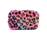 WENH Large Capacity Leopard Print Plush Makeup Bag Cosmetic Storage Bag Zipper Toiletry Bag Wash Pouch Travel Organizer(Rose Red)