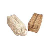 WENH Straw Makeup Bags for Women Girls Preppy Cute Toiletry Pouch Trendy Organizer Storage Bag for Beach Travel Essentials(Khaki)