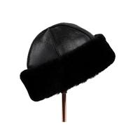 WENH Unisex Sheepskin Leather Shearling Wool Beanie Hat, Winter Warm Thick Soft Fur Cap, Hand Stitched(Black)