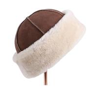 WENH Unisex Sheepskin Leather Shearling Wool Beanie Hat, Winter Warm Thick Soft Fur Cap, Hand Stitched(Brown)