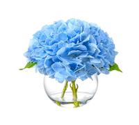 Wenhuidr Artificial Hydrangea with Fake Water in Vase, Real Touch Faux Flowers, Silk Fake Hydrangea Flower Arrangement with Faux Water for Home Office Bathroom Wedding Table Centerpiece Decor(Blue)