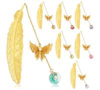 Weniubit Metal Bookmark, 7 Pieces 3D Butterfly Feather Bookmarks with Dried Flower, Ideal Gift for Book Lovers, Christmas Gift Box Decorations (Golden Feather)