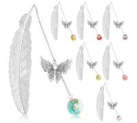 Weniubit Metal Bookmark, 7 Pieces 3D Butterfly Feather Bookmarks with Dried Flower, Ideal Gift for Book Lovers, Christmas Gift Box Decorations (Silver Feather)
