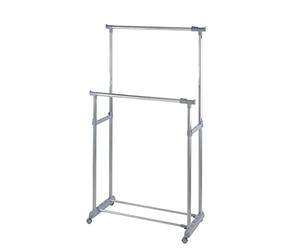 WENKO 4364500100 Clothes rack Twin Bars - 2 clothes rails, 1 shelf, heights-adjustable, 4 castors, Chrome plated metal, 95-163 x 98-168 x 44 cm, Chrome