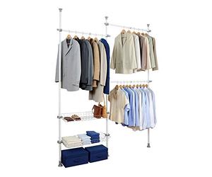 WENKO 50611100 Telescopic clothes rack system Herkules Duo - adjustable organisation system, coat rack system, Steel, 164-215 x 165-300 x 38 cm, White