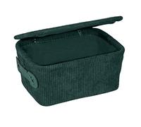 Wenko Anela Bathroom Basket with lid, storage in corduroy for storing and organising utensils accessories, 100% polyester, imitation leather handle, 19 x 10 x 14 cm, dark green, 25527100