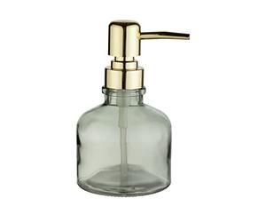 WENKO Atessa Mint Glass Soap Dispenser, Golden Pump Head, Refillable Up to 200 ml, Perfect for Bathroom Sink, Ø 8 x 14 cm