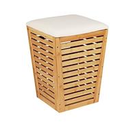 WENKO Bamboo Laundry Hamper with Seat Cushion, Cream, 40 cm x 56 cm x 40 cm, Modern, Conical Shape, 55 L, Floor Mount, Laundry Room, Utility Room, Bathroom