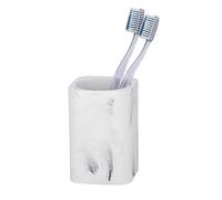 WENKO Desio Toothbrush Holder, Toothbrush Cup for Toothbrush and Toothpaste, Artificial Stone Cup in Elegant Marble Effect, Bathroom Accessories for Stylish Bathroom Accessories, White/Grey, 7.7 x 11 x 7.6 cm