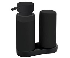 WENKO Easy Squeez-e washing station black, combination of refillable detergent and soap dispenser Ideal for bathroom,capacity approx. 250 ml per dispenser, dimensions 15 x 18 x 7 cm