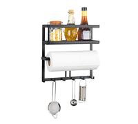 WENKO Gala Multifunctional Shelf with Kitchen Roll Holder and Railing Including 6 Hooks, Powder-coated metal, Black, 30 x 33 x 9 cm