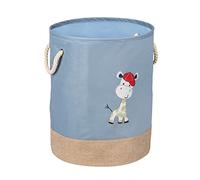 WENKO Kids Gerry laundry bin, blue, round laundry bag for children in modern pigeon blue with cute giraffe print and two cotton handles, 63 litres of laundry storage in one compartment, Ø 40 x 50 cm