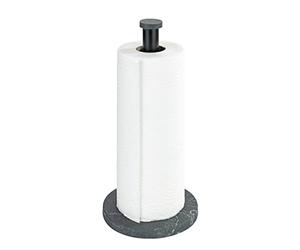 WENKO Kitchen roll holder marble, kitchen roll holder in elegant marble look for the kitchen, with base made of plastic and black bar made of metal, (W/D x H): Ø 15 x 32 cm, black