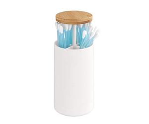 WENKO Laresa Cotton Bud Holder Storage for Cotton Buds up to 7.8 cm Long with Sustainable Bamboo Lid Cosmetic Pad Dispenser Made of Plastic