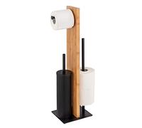 WENKO Lesina stand made of bamboo and black lacquered steel, combination set, toilet paper and replacement roll holder, silicone toilet brush head, 18 x 69 x 18 cm, natural