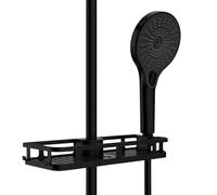 WENKO Libertà black shower caddy, plastic shower shelf with hooks and shower head holder, can be attached to existing shower rod without drilling, 28.5 x 4 x 11.5 cm, matt