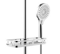 WENKO Libertà chrome shower caddy, shower shelf with hooks and plastic shower head holder, can be attached to existing shower rod without drilling, 28.5 x 4 x 11.5 cm, shiny silver