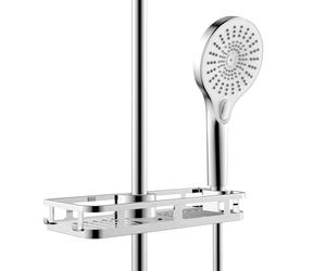 WENKO Libertà chrome shower caddy, shower shelf with hooks and plastic shower head holder, can be attached to existing shower rod without drilling, 28.5 x 4 x 11.5 cm, shiny silver