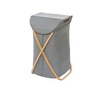 WENKO Nori Laundry Hamper Bamboo Frame Laundry Bag 100% Polyester Foldable Capacity 79 Litres 40 x 68 x 46 cm Brown/Grey