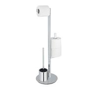 WENKO Polvano stainless steel free-standing toilet brush set, with toilet paper holder on heavy base plate for secure stand, incl. toilet brush with silicone brush head, 29 x 79 x 25 cm