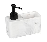 WENKO Resa washing-up liquid dispenser, kitchen soap dispenser in marble look with sponge compartment, refillable, capacity approx. 150 ml, 14.5 x 14.3 x 6 cm, white/black