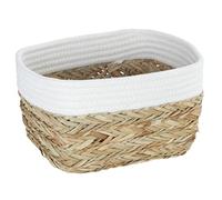 WENKO Rika storage basket M, decorative storage box for small accessories made of natural bristlegrass with cotton fabric, 80% natural fibre and 20% cotton, 18 x 25 x 15 cm, brown/white
