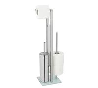 WENKO Rivalta Toilet Brush and Replacement Roll Holder Stainless Steel with White Safety Glass Panels Matt Silver