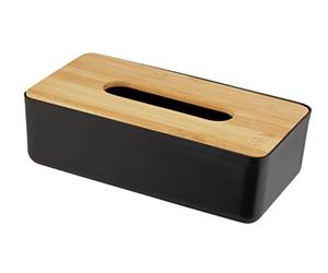 WENKO Rotello cosmetic tissue box, box for cosmetic tissues or handkerchiefs, plastic tissue box with bamboo lid, easy to remove, for storing standard cardboard boxes, 24 x 7.5 x 12.7 cm, black/nature