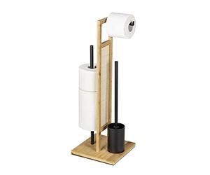 WENKO Stand Rivalta Allegre Freestanding Toilet Brush and Toilet Roll Holder, Bamboo, Rattan and Black Matt Lacquered Steel, 25 x 73 x 25 cm, Natural
