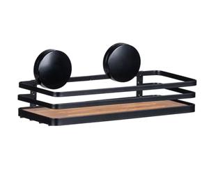 WENKO Static-Loc® Plus Alba Wall Shelf, Bathroom Shelf Made of Painted Steel and Sustainable Bamboo, No Drilling Required, Secure Hold Thanks to Static Adhesion, 26.5 x 12.5 x 11 cm, Black/Natural