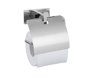WENKO Turbo-Loc® Genova Shine Toilet Roll Holder with Lid, Wall Holder for Toilet Roll, Attaching without Drilling with Adhesive Pad System, Stainless Steel Holder, 14 x 11.4 x 6.2 cm, Glossy