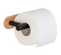 WENKO Turbo-Loc® Orea Bamboo Toilet Paper Holder Made of Black Matt Lacquered Stainless Steel Combined with a Bamboo Wall Mount, No Drilling Required, 16 x 4.5 x 8 cm