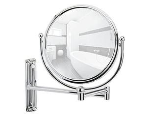WENKO Wall-mounted cosmetic mirror Deluxe - height-adjustable, swivel function, reflecting surface ø 19 cm 500 % magnifying effect, Steel, 23 x 28.5 x 33 cm, Chrome