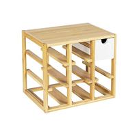 WENKO Wine rack Finja, top-quality rack for up to 8 bottles, with integrated drawer for corkscrew, pourer & serviettes, made of natural bamboo/MDF, 33.5 x 29 x 24 cm, natural/white