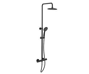 WENKO Young Eco Shower System with Thermostatic Fitting and 2 Watersaving Regulators, Rain Shower Head Diameter 20 cm and Hand Shower Diameter 11 cm with 5 Functions, Design Plastic Shower Hose, Black