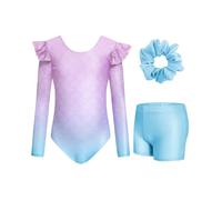 Wenlia Girls' Three-Piece Gymnastics Leotard Set, Long Sleeve Ruffle Gymnastics Leotard with Shorts and Hair Tie, Sparkling Ballet Unitards for Kids 6-7 Years