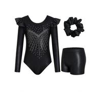 Wenlia Girls' Three-Piece Gymnastics Leotard Set, Long Sleeve Ruffle Gymnastics Leotard with Shorts and Hair Tie, Sparkling Ballet Unitards for Kids 5-6 Years